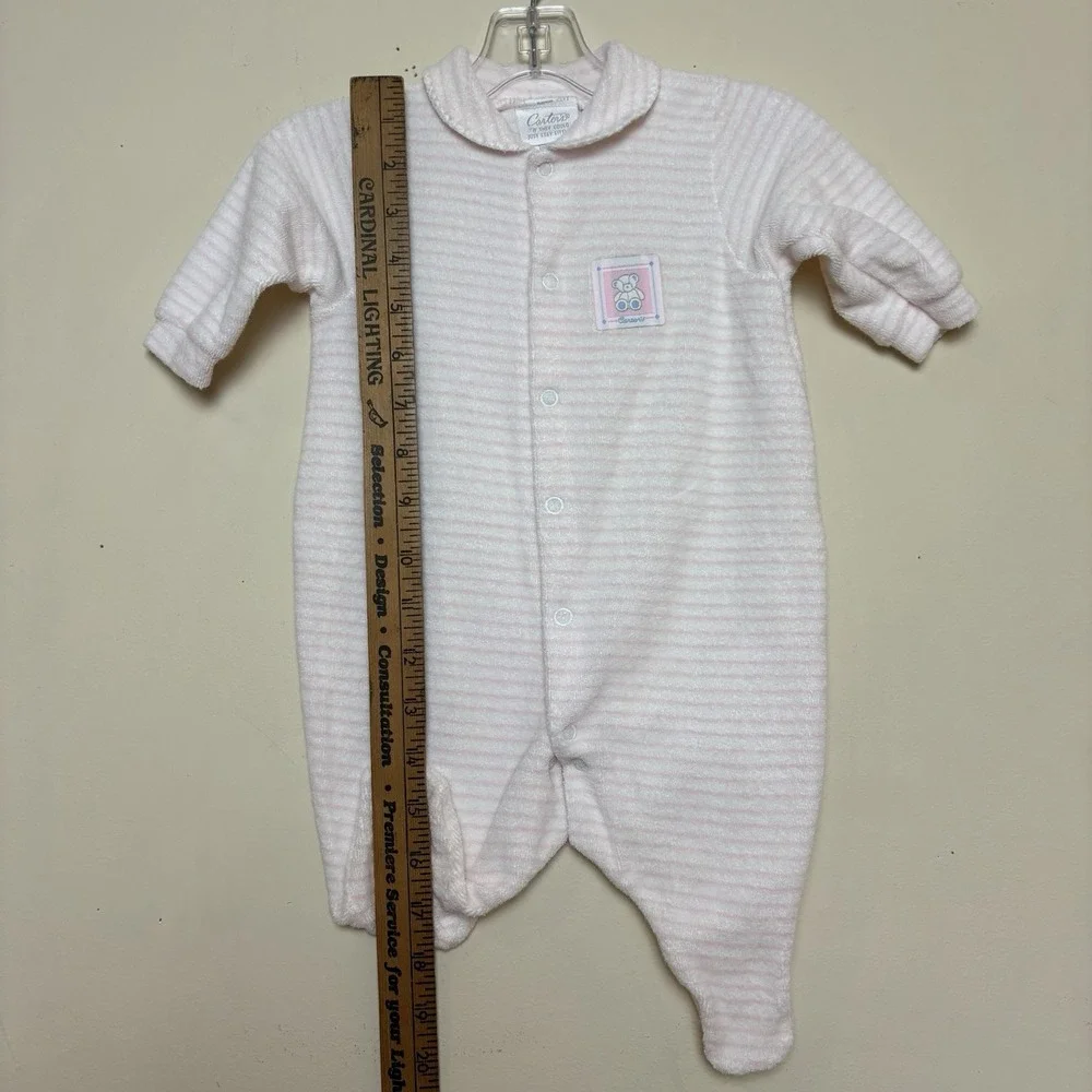 VTG Carter's Bear 90s Pink Striped Terry Sleeper Baby One Piece Size 0-3 Months